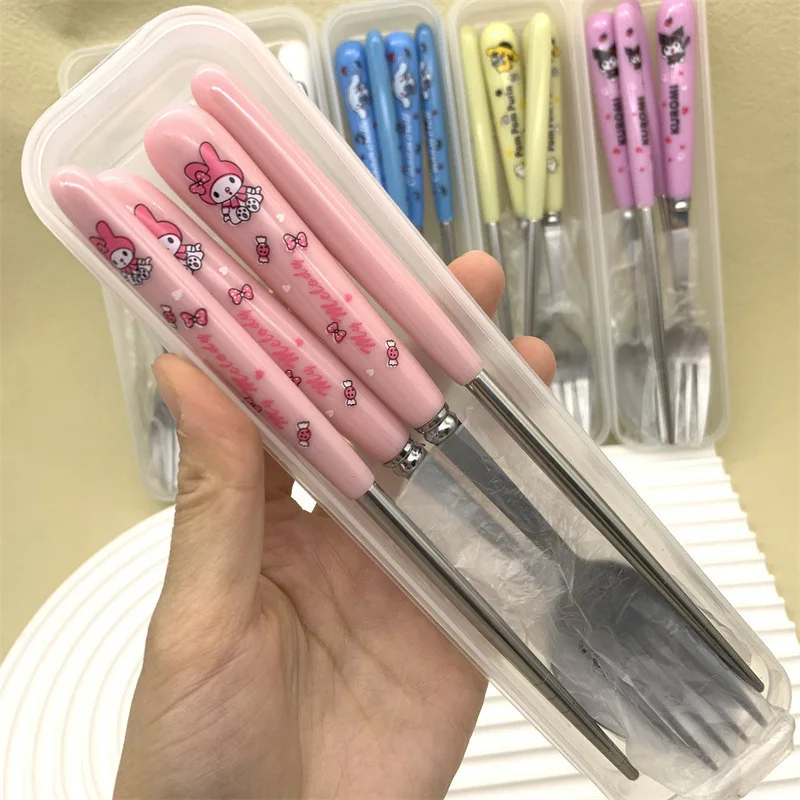 Anime Sanrio Kuromi Stainless Steel Cutlery Set Cute Cinnamorol Pochaco Spoon Fork Chopsticks Three-Piece Set