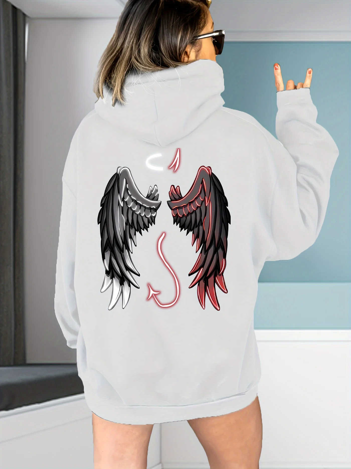 Women Oversized Hoodie Angel Devil Wings Back Print Hooded Sweatshirt Gothic Aesthetic Loose Casual Pullover Streetwear