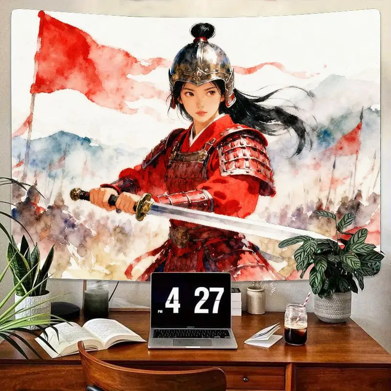 

1PC Asian Female Warrior Tapestry, Red Armor Sword Watercolor Wall Art, Epic Fantasy Battle Scene Home Decor Gift