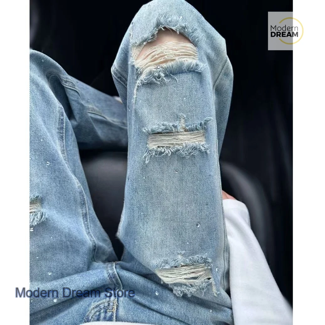 Jean droit à gros trous avec strass pour femmes, mode rétro américaine, nouveau pantalon d'été à jambes larges, taille haute, tempérament sauvage.