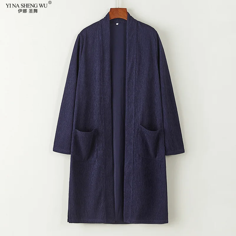 Spring and Autumn Style Chinese Style Retro Buckleless Mid-length Windbreaker Jacket Men's Double-breasted Robe Cape Top Kimono