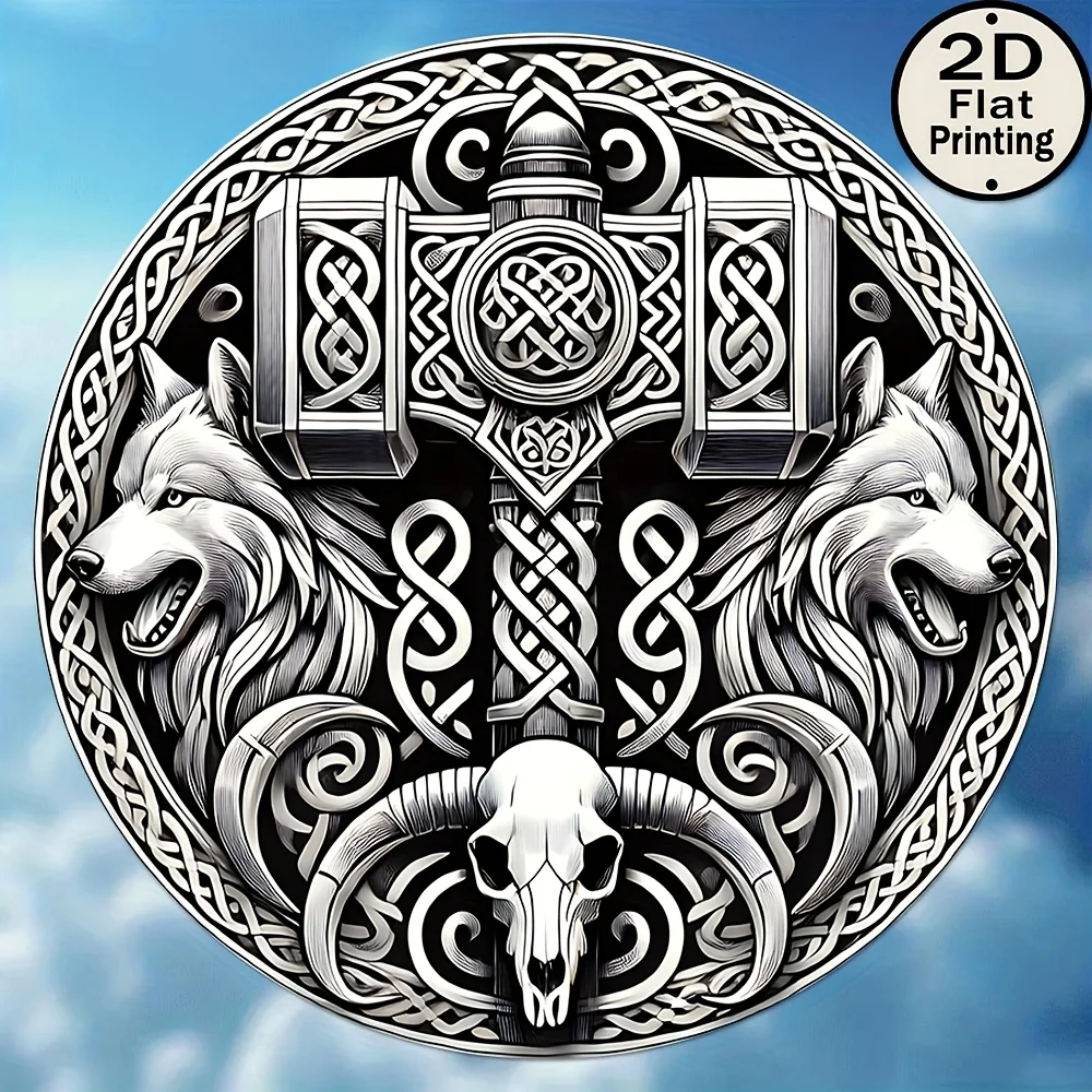 HD Tin Sign, Viking Wolf Thor Hammer Round Metal Wall Art, Norse Mythology Home Decor