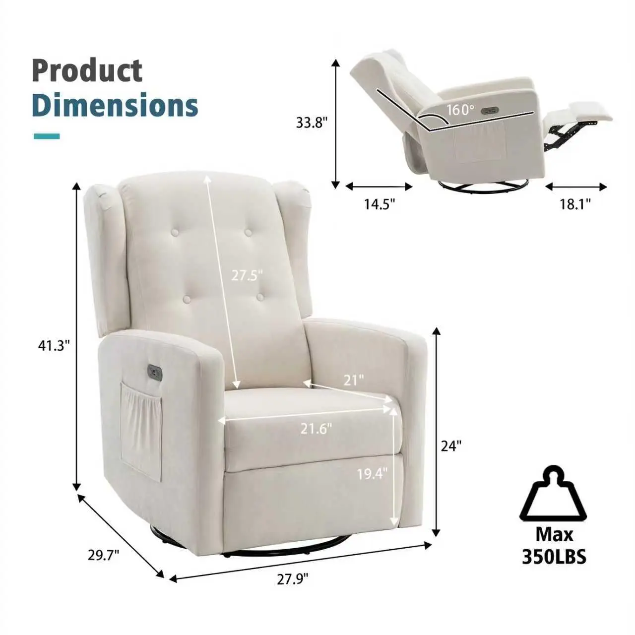Power Swivel Rocking Recliner Chair, High Back Electric Rocker Nursery Glider Chair, USB and Type-C Ports, Upholstered