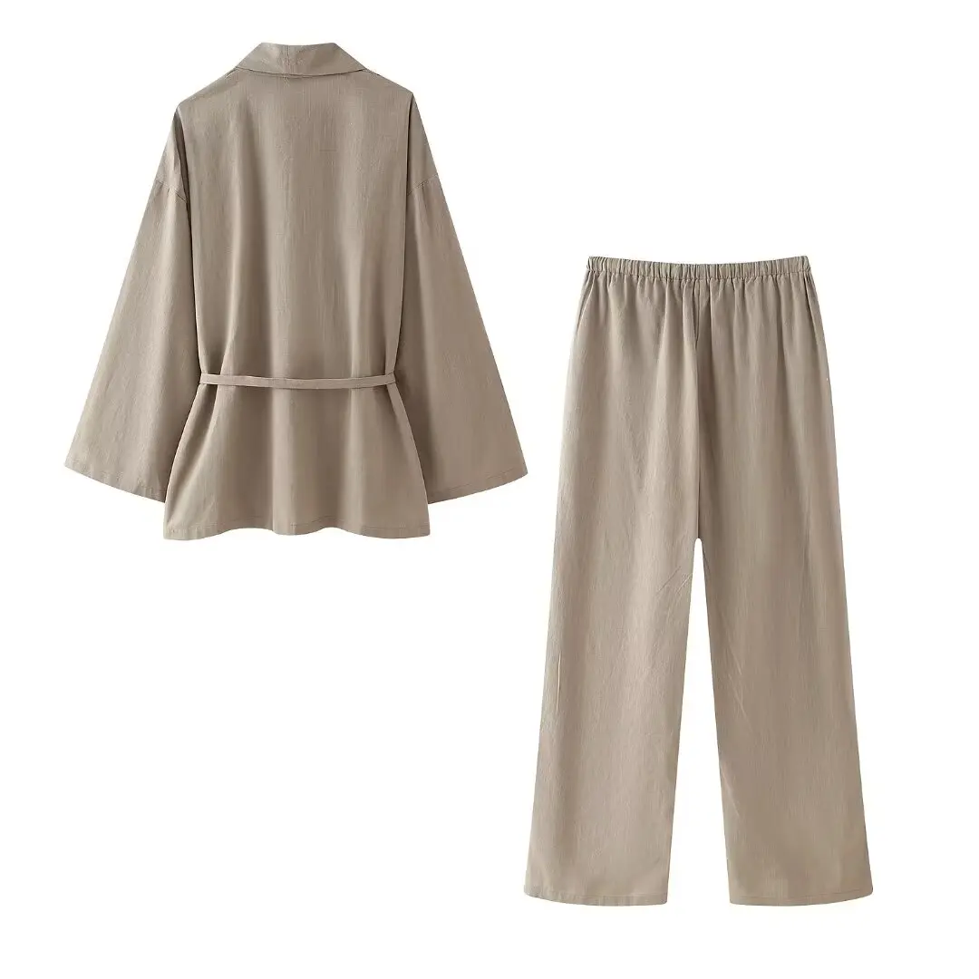 Комплект женский из 2 предметов 2024, модное текстурированное двубортное кимоно, Женское пальто + тканевые брюки, женский костюм