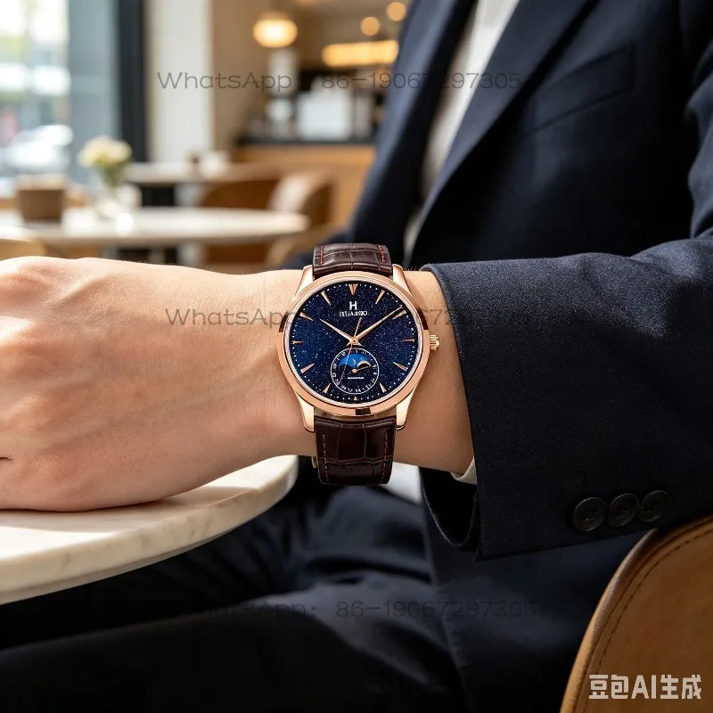 Moon phase mechanical men's watch blue sandstone plate Japanese 9015 modified movement fashion men's watch high-end trend