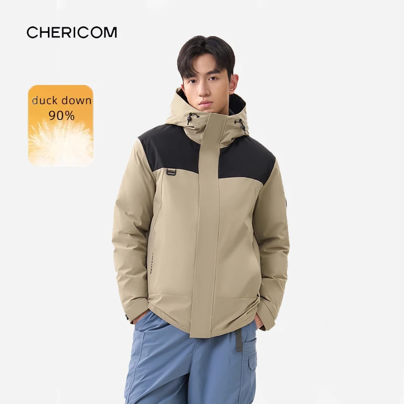 Chericom Down Jacket Men Color-block Patchwork Windproof Stand Collar Hooded Winter Coat Versatile Outdoor Work Jacket Y309632Y