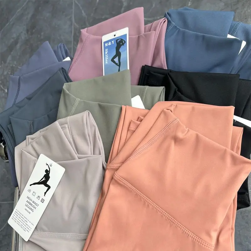 Legging lari warna-warni wanita, Legging lari lembut pinggang tinggi penuh warna ramping berongga kasual warna polos netral untuk wanita