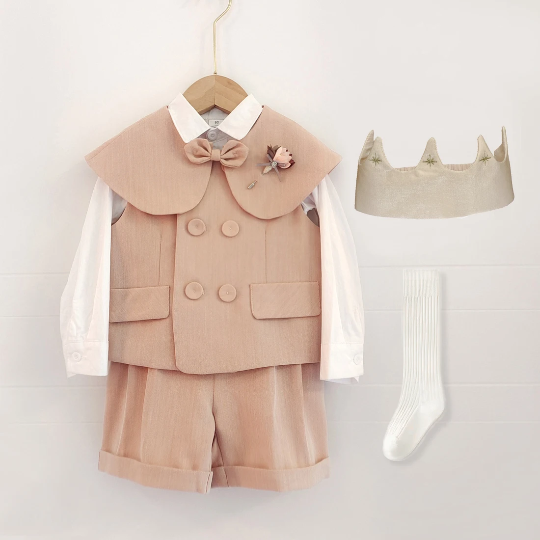 Baby Boy Girl Pink Fashion Clothing Suit Infant Shirt+Vest+Shorts+ Shawl Christening Outfit Kids Baptism Clothes Set Dress