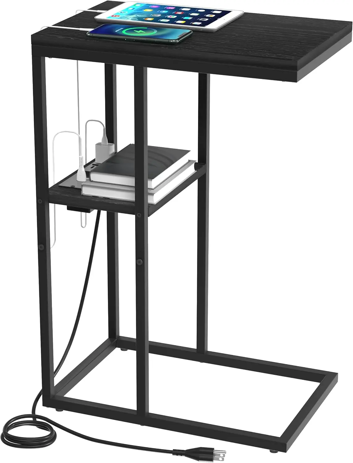 

C Shaped End Table with Charging Station for Living Room, Bedroom, Sofa Table with USB Ports and Outlets for Small Space