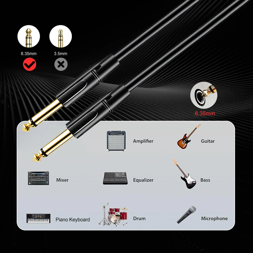 Аудиокабель 3 м, 6 м, 10 м, эластичный гитарный кабель из ПВХ 6,35 мм, 1/4 дюйма, прямой для электрических инструментов