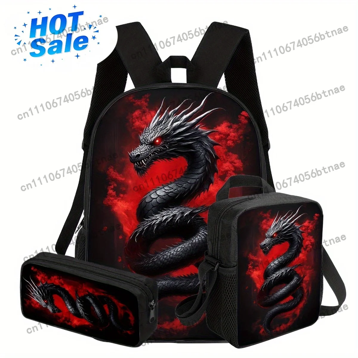 Black Dragon Themed Backpack Set 3pcs, Full Bundle Includes Durable Large-Capacity Bookpack & Insulated LunchBox & Versatile Org