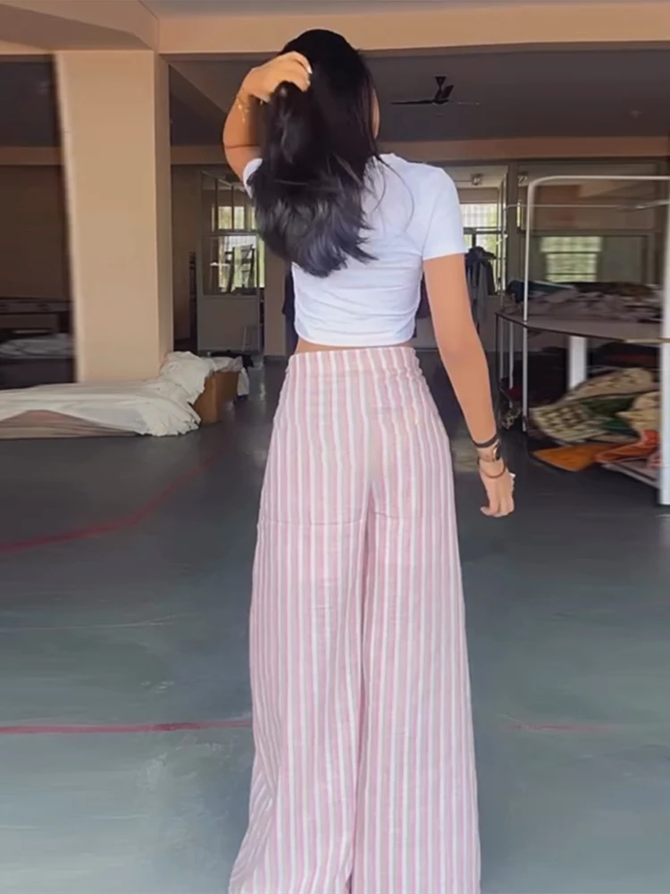 Verstellbare gestreifte Hose für Damen – Streetwear mit hoher Taille, Schnürung, weitem Bein und charmantem Panel-Design – Neu – Detail 16