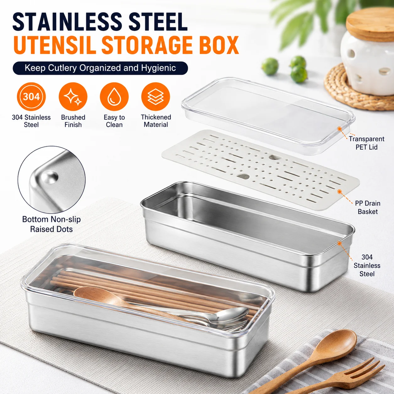 

Stainless Steel Tableware Storage Container Chopsticks knife Fork Organizer Box Kitchen Acceesories Dish Drainer Storage Box