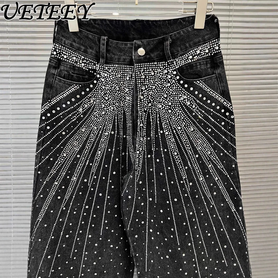 

2025 Summer New Hot Diamond Black Scimitar Jeans Women Loose and Thin Wide-leg Trousers High Waisted Denim Pants Female Bottoms