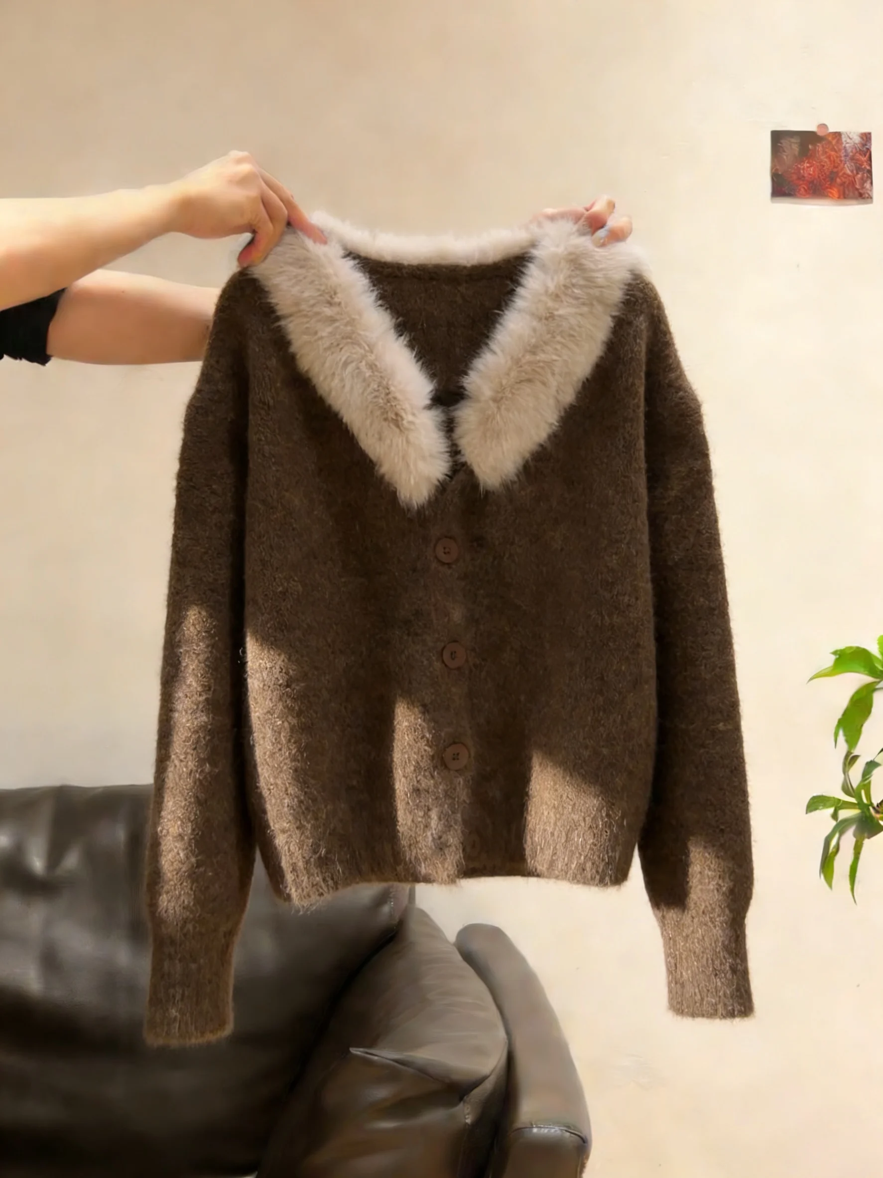 

Утепленный плотный вязаный кардиган с V-образным вырезом для женщин, весна-осень, свободный крой, универсальный, повседневный, с длинными рукавами, теплый топ