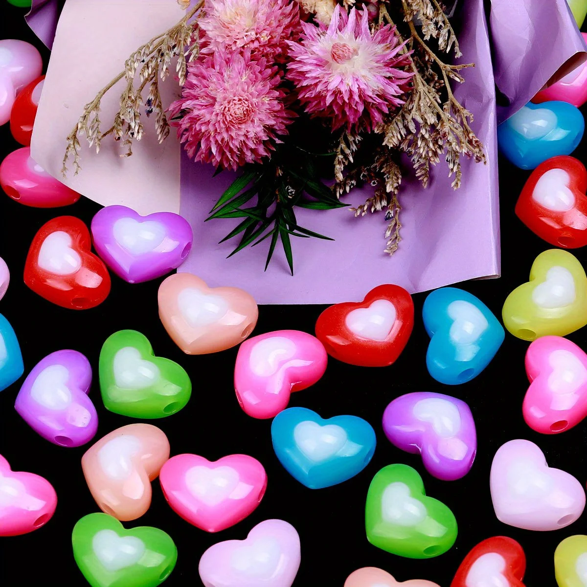 70pcs/140pcs Random Color Heart Shape Acrylic Beads Loose Spacer Beads For Jewelry Making DIY Hair Accessory Bracelet