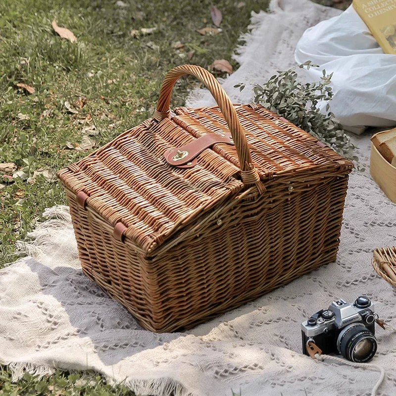 Pastoral Willow Picnic Basket With Tableware Handcrafted Food Shopping Gift Packaging Storage Solution Storage Basket