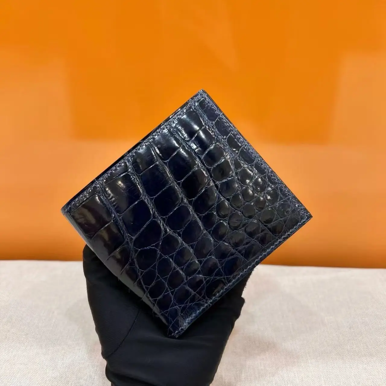 Shinny Dark Blue 100% High glossy genuine crocodile leather wallet Natural alligator leather bank card cash license holder