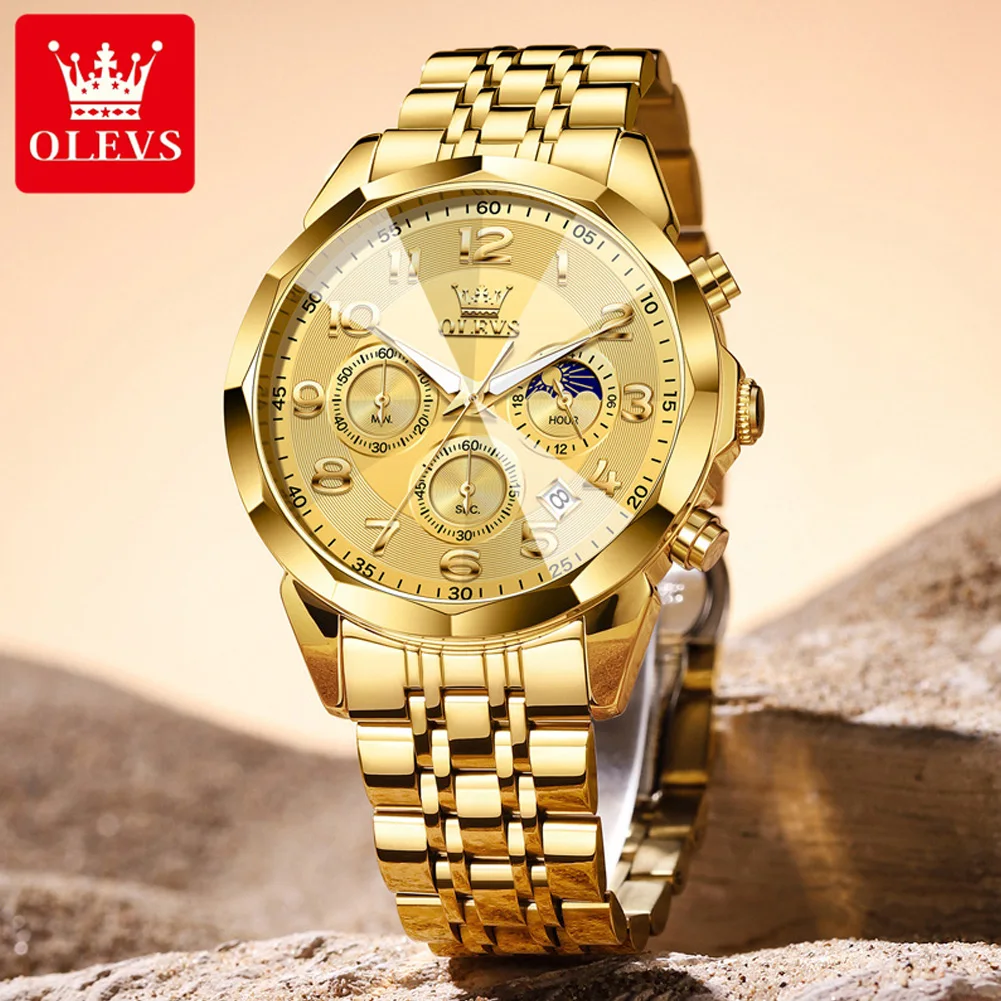 OLEVS 3676 Men Watch Original Arabic Numerals Quartz Wristwatches Waterproof Luminous Moon Phase Date Watches For Man Gifts