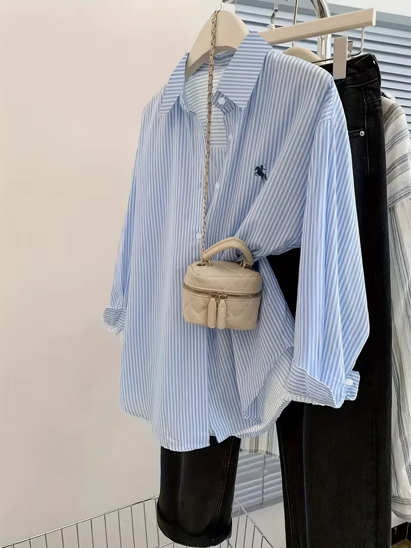 blusa feminina de manga comprida, camisa feminina casual de manga comprida com estampa de cavaleiro listrada e botões frontais