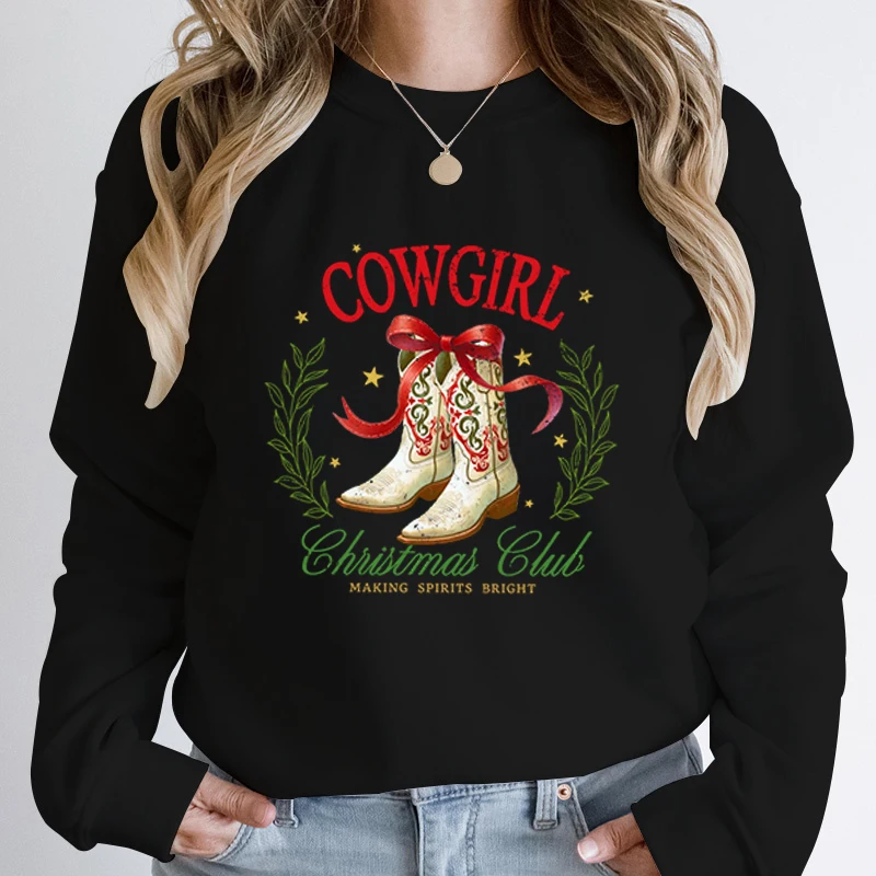 

Fashion Hoodeless Sweatshirt Cowgirl Christmas Club Making Spirits Bright Print Round Neck Pullovers Ladies Pure Color Pullovers