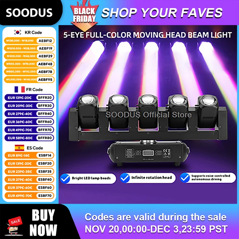 

RDM Smart Moving Head Beam Lights Color Mixing LED Stage Light 5 Head Lighting Flash Effect Spotlight for Concert Party DJ Show