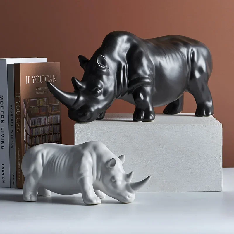 Ceramic Crafts Simulation Animal Sculpture Rhino White Rhino Ceramic Ornaments Animal Figures Home Decoration Accessories