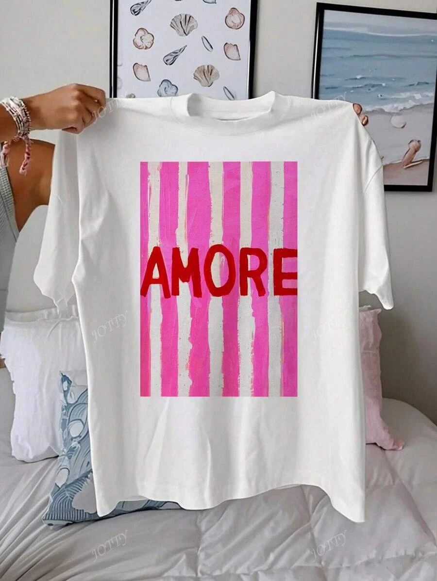 

AMORE полосатая летняя футболка с художественным принтом, женская повседневная спортивная футболка с круглым вырезом и короткими рукавами, модная хлопковая футболка для пар, одежда