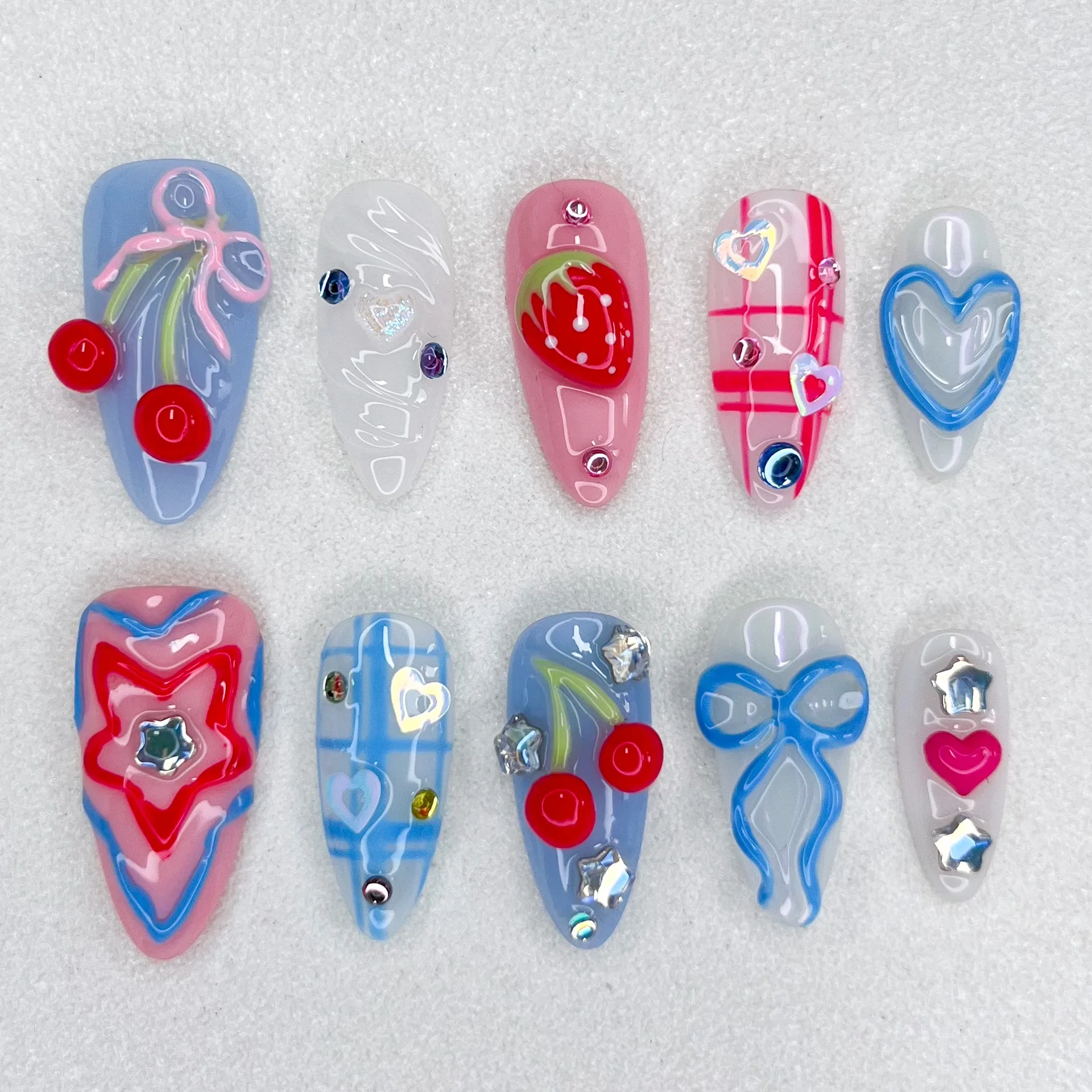 

New Handmade Cute Hand-painted Love Manicure Fake Nail Press on Nails Blue Mandarin Duck Series Manicure Relief Series Manicure