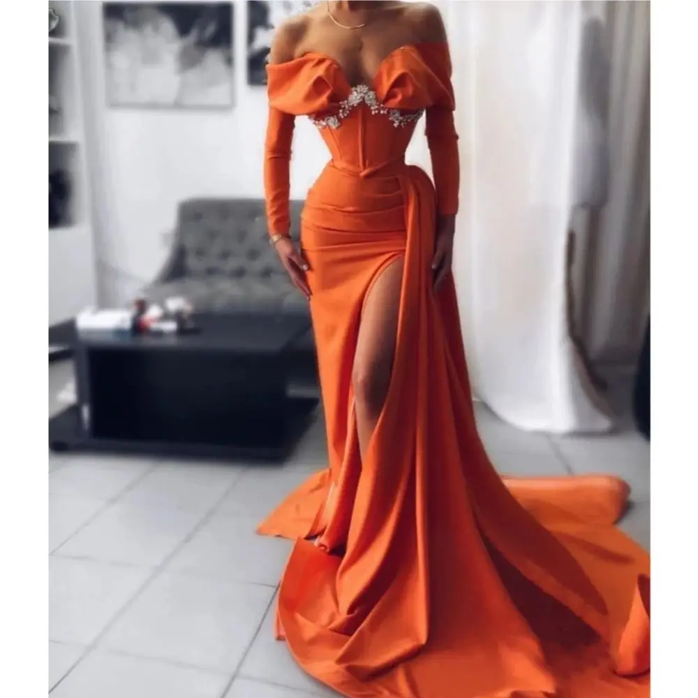 2024 Long High Split Mermaid Prom Dress Orange Formal Evening Dresses Ruched Bead Robe De Soiree Off Shoulder Evening Party Gown