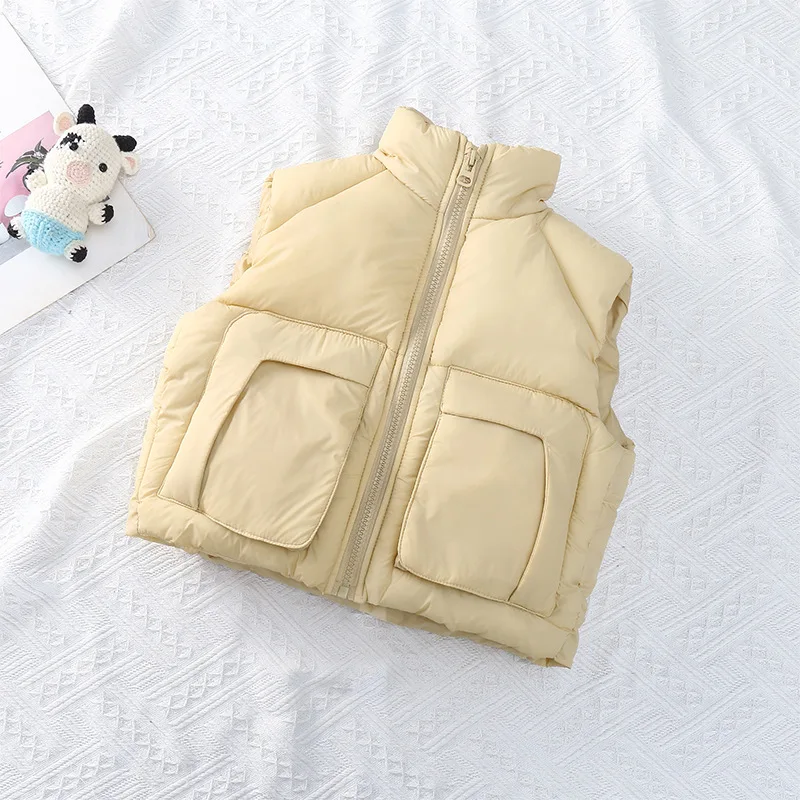 Kids Warm Winter Puffer Gilet High Neck Zipper Vest Big Flap Pockets Boys Girls Thick Quilted Sleeveless Jacket for Cold Days