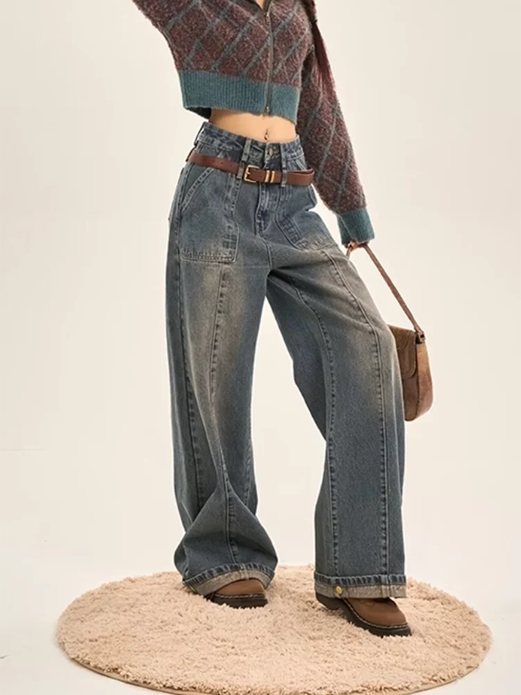 

Y2K Джинсы с высокой талией Женские широкие джинсовые брюки в американском стиле ретро Свободный крой Тонкий дизайн Прямые брюки длиной до пола