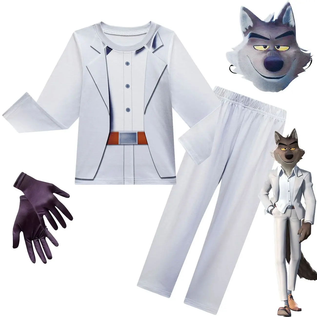 أزياء The Bad Guys Mr. Wolf التأثيرية أزياء حفلات الهالوين للأطفال بأكمام طويلة تي شيرت وسراويل وقناع وقفازات للأطفال