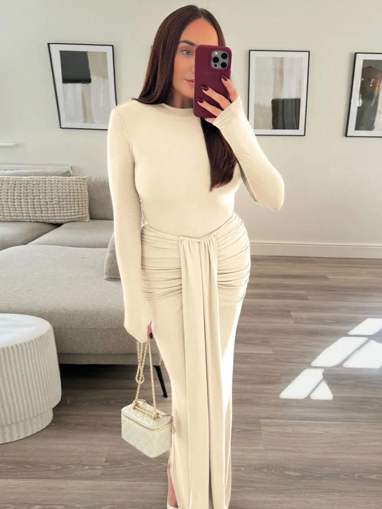 Mozision Ruched Draped Sexy Maxi Dress For Women Fashion O Neck Long Sleeve Bodycon Club Party Long Dress Female Elegant Dresses