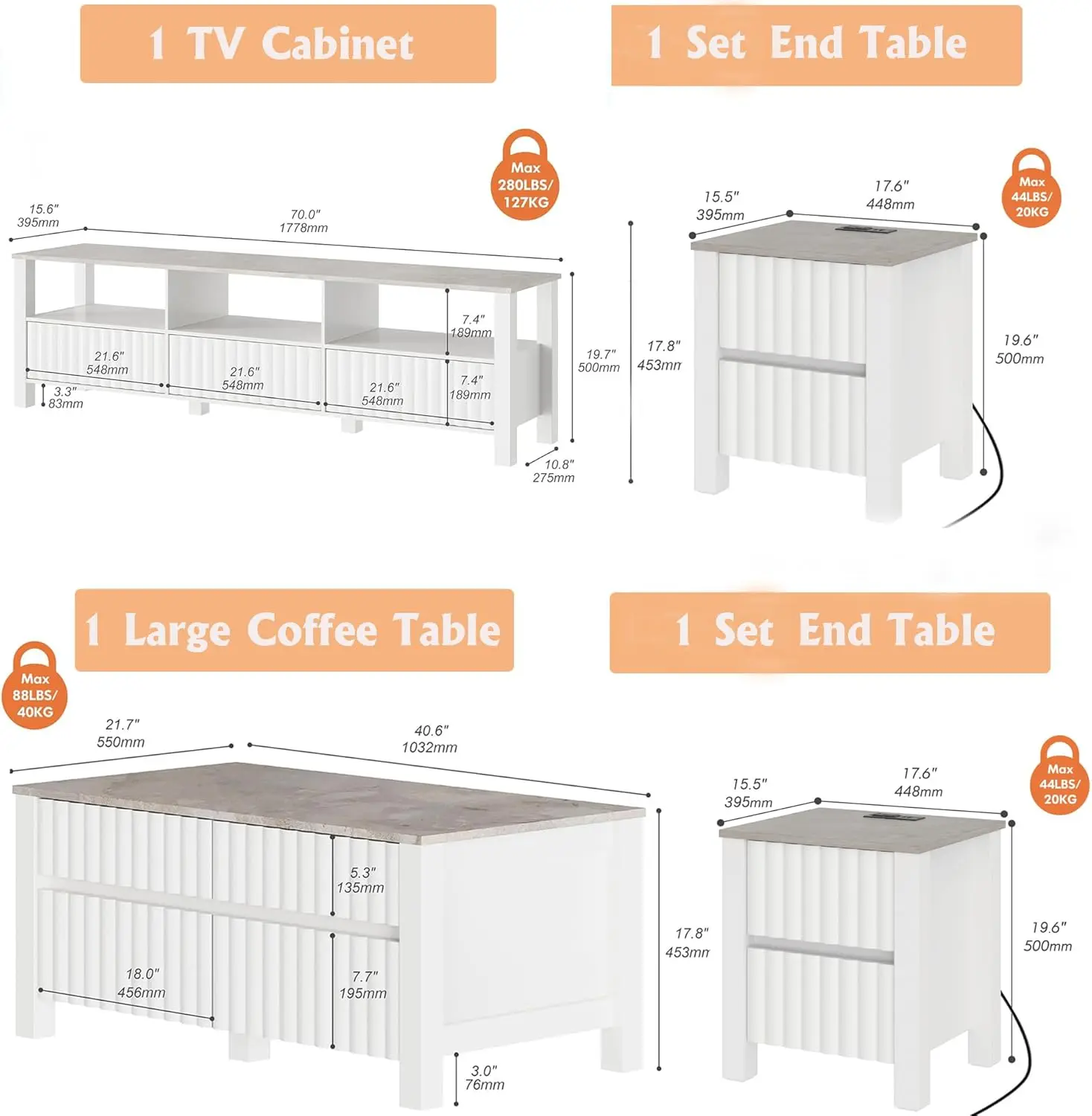 4 Pieces Living Room Table Sets, 1 Modern TV Stand for 75 inch TV, 1 Coffee Table with 4 Storage Drawers, with Charging Station