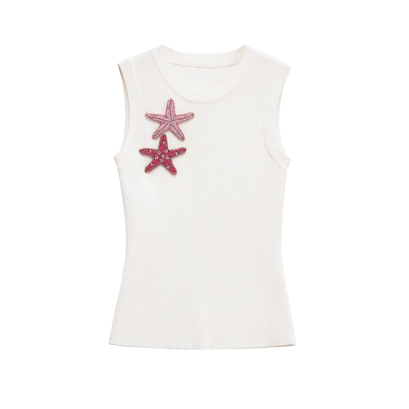 Sequin Bead Embroidered Vest & Short Skirt Sexy O-Neck Crop Top Elastic Ribbed Tank Top Starfish Crab Fish Pattern Camisole