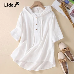 Women Summer Trendy Embroidery Cotton Linen Blouses Casual Short Sleeve Hooded Shirts Solid Loose Pullover Tops Female Clothing