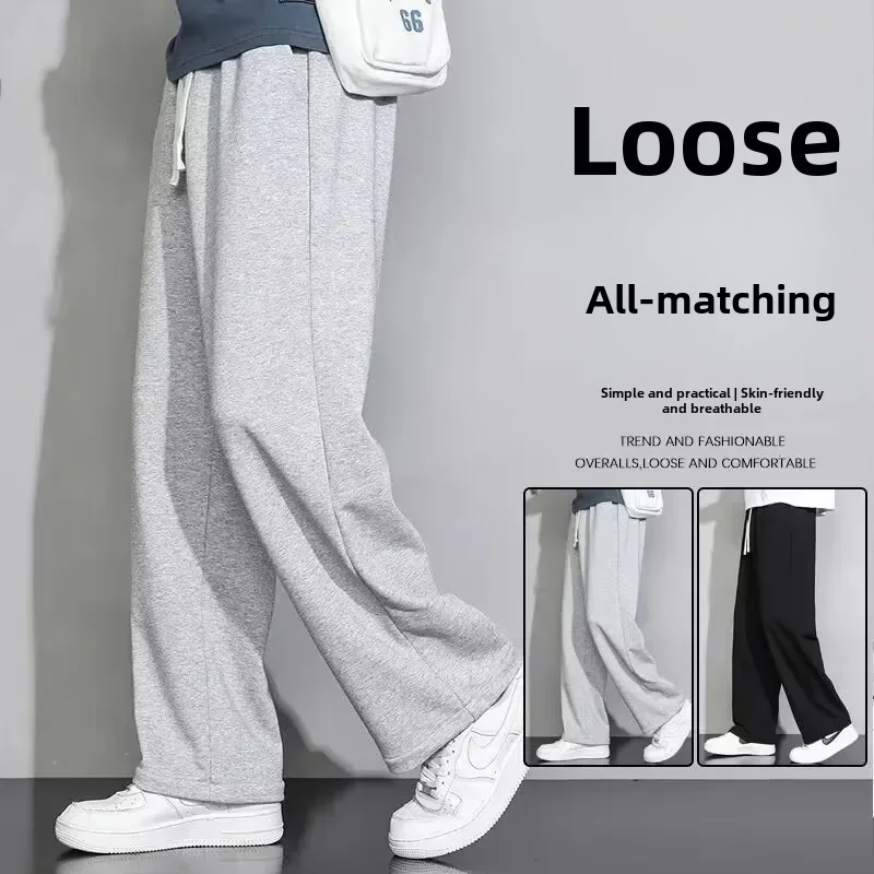 Graue, locker sitzende, gerade geschnittene Freizeithose für Herren, leichte, drapierte, weit geschnittene Jogginghose für den Sommer, bequeme lange Hose für Herren