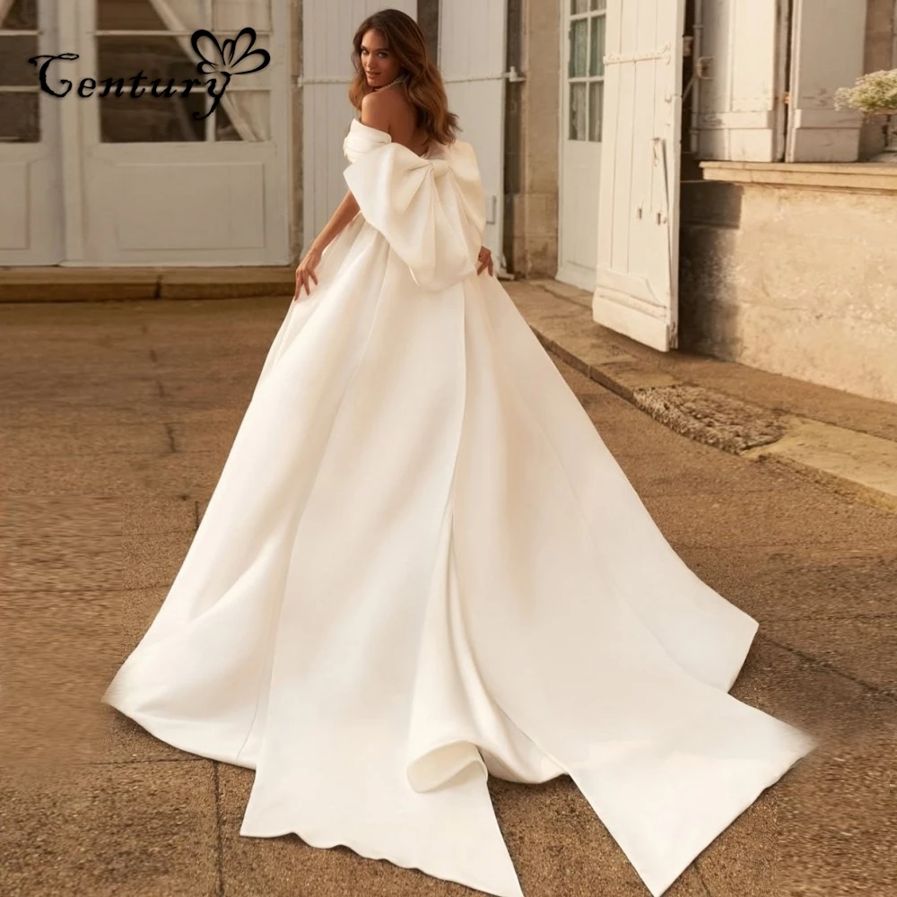 

Princess Satin Wedding Dress with Bow Off Shoulder Wedding Gowns High Slit Women Bride Dresses 2025 Vestido De Novia Customized