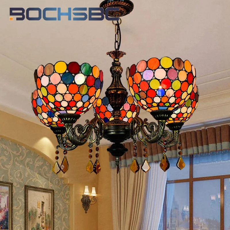 BOCHSBC Tiffany style Stained glass Retro Glitz Bohemia 5 head crystal Pendant lamp Restaurant Bedroom Corridor Bar Cafe decor