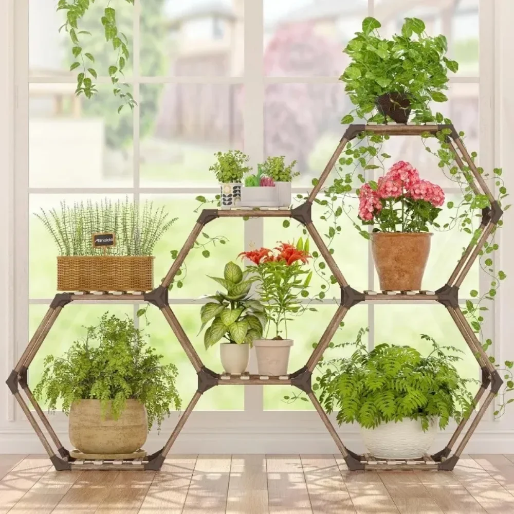 Soporte Hexagonal para plantas de interior, estante de madera para plantas al aire libre, escalera, soporte de maceta Transformable para esquina