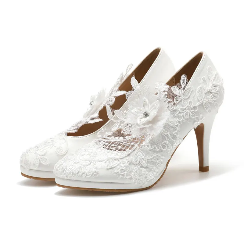 

New Customize wedding shoes Bridesmaid Dress Thick Heeled Med Heel Shoes white Lace flower female shoes
