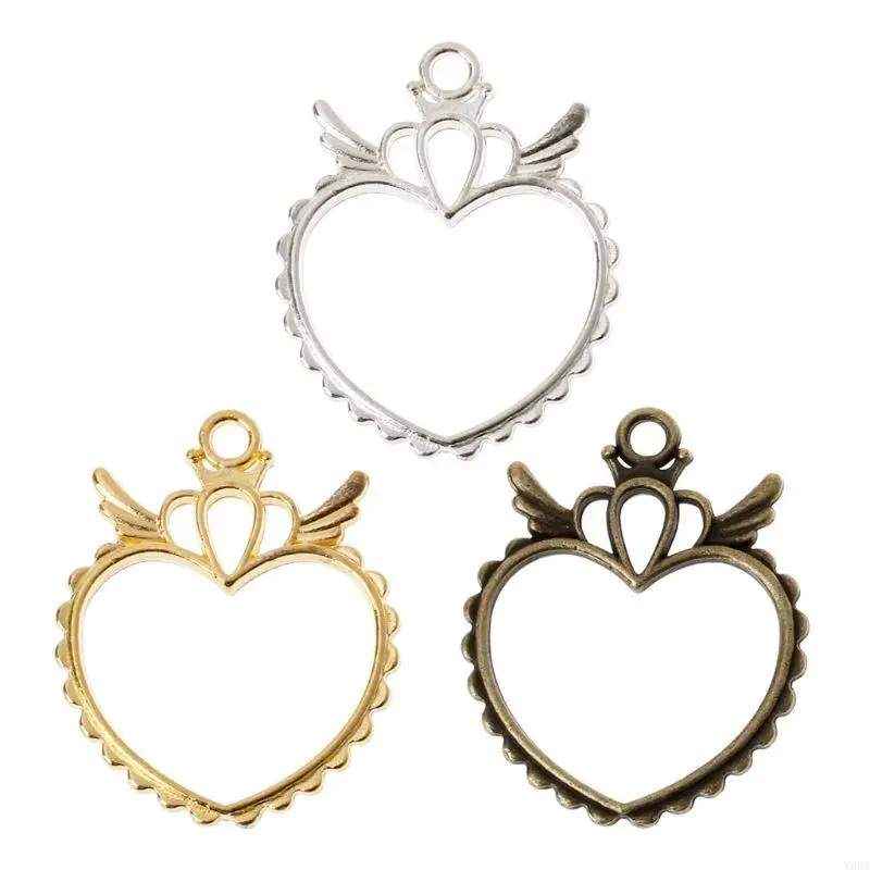 Y88A 5 Pcs Hollow Wings Heart Frame Pendant UV Resin Open Back Bezel for DIY Jewelry