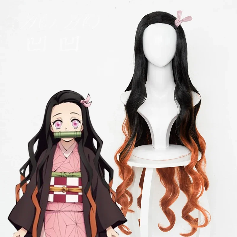 100cm Anime Demon Slayer Kimetsu No Yaiba Kamado Nezuko Cos Hair Long Black with Orange Cosplay Costume Wigs   Wig Cap