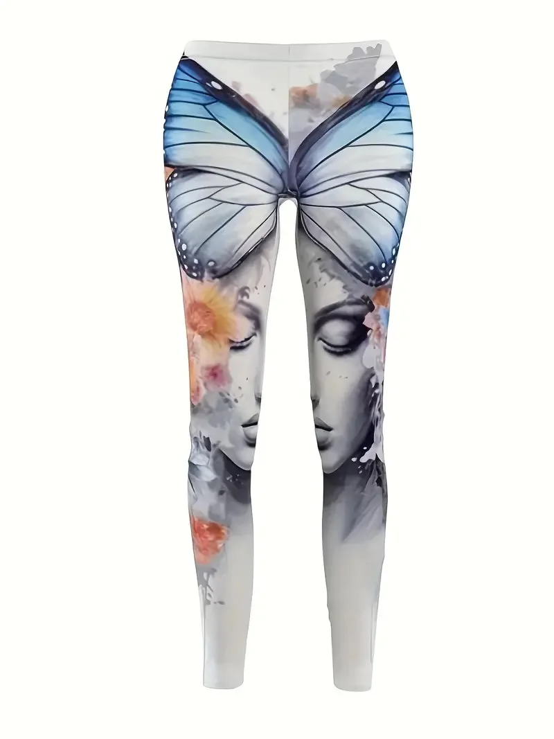 Butterfly & Women Print Casual Tight Stretch elastic waist Comfortable slim fit Work daily travel Wear women\'s leggings