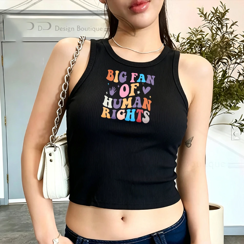 Fitted Ribbed Crop Top Tank Style Tees with Multicolor Text Rainbow Letters Hand Symbol Heart Stars Big Fan of Human Rig Y2k Top