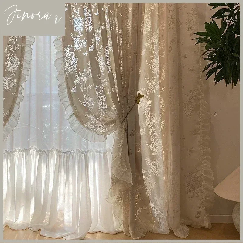 French Butterfly Romantic Hollow Embroidery Tulle Sheer Curtains For Living Room Bedroom Dining Beige Blackout Princess Custom