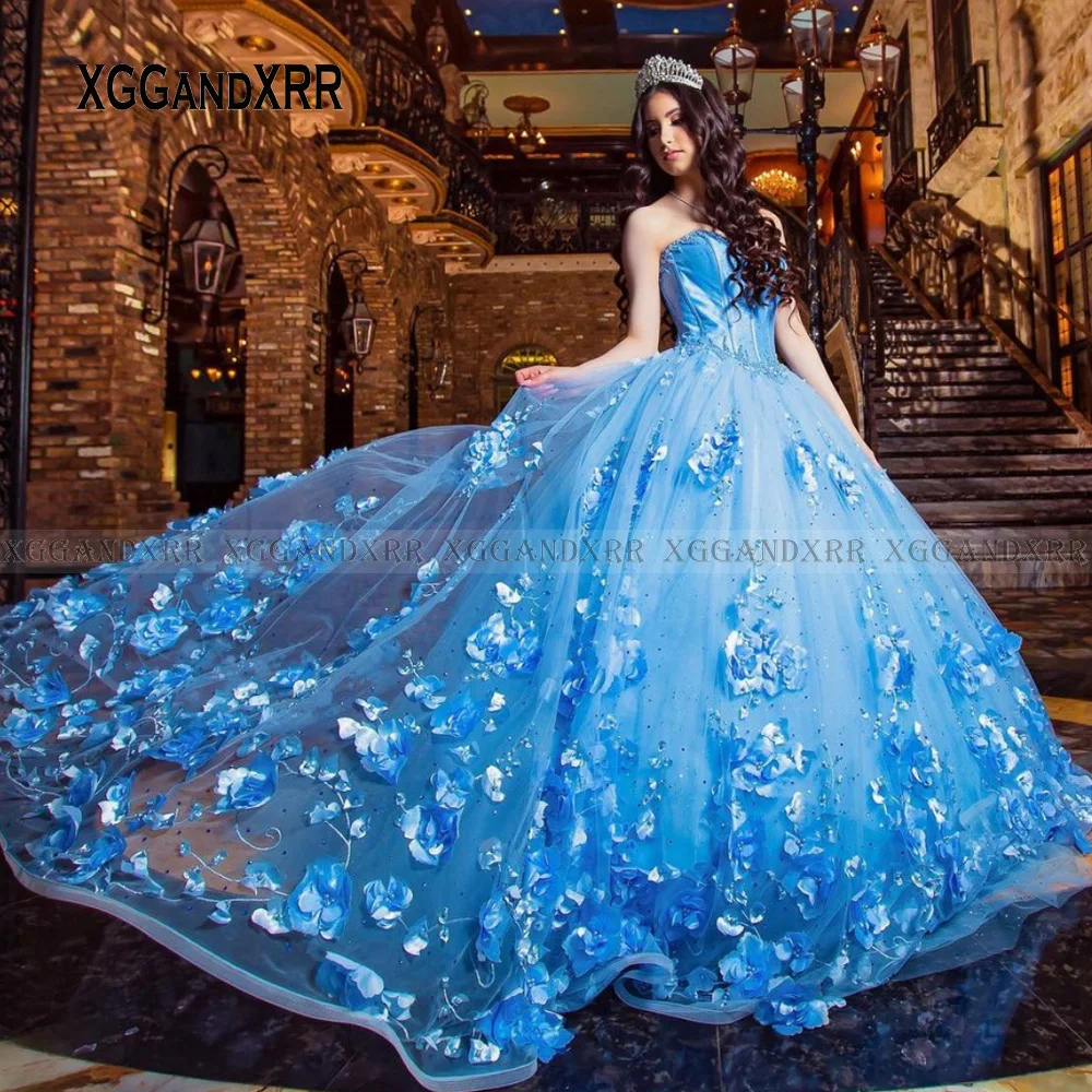 Vàng Quinceanera Váy 2022 Người Yêu Hở Lưng Hoa Bầu Vũ Hội Đảng Chính Thức Ngọc Trai Xanh Dương Dài Ngọt 15 16 Sinh Nhật