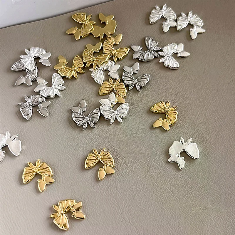 10 قطعة فراشة مزدوجة سبيكة مسمار الفن سحر الذهب/الفضة/الأبيض الأظافر زينة مجوهرات فاخرة ثلاثية الأبعاد مسمار الملحقات شقة الظهر #2