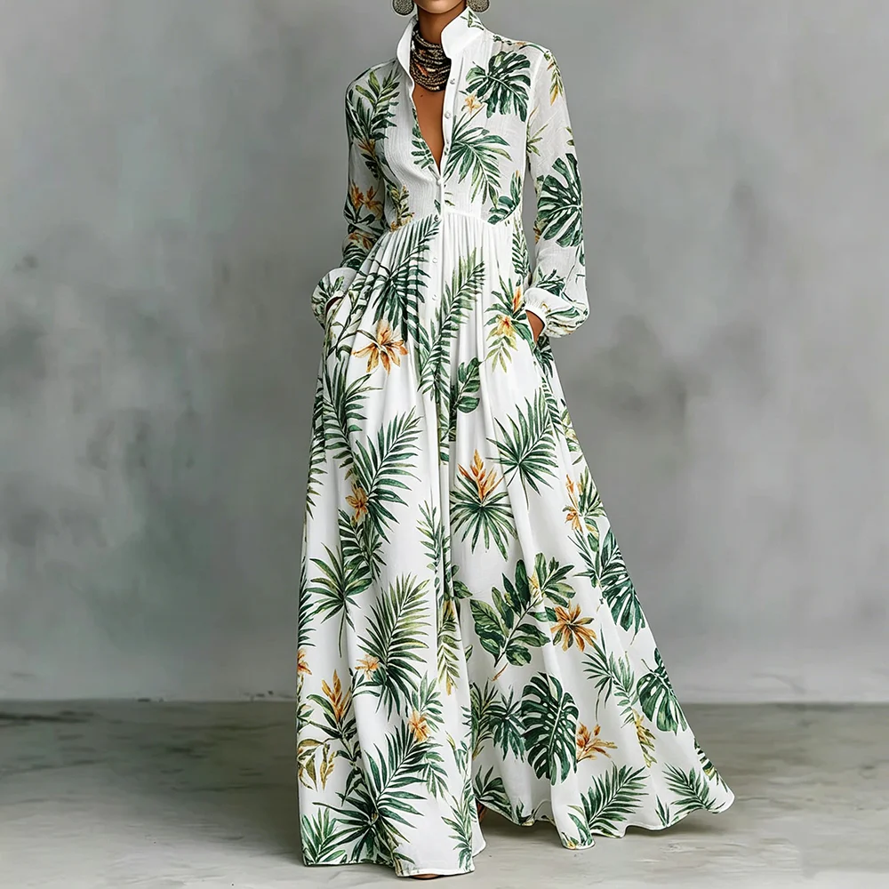 

Women's Green Print A-Line Dress Fashion Chic Long Sleeve Stand Collar Casual Loose Bohemian Maxi Dress With Pockets